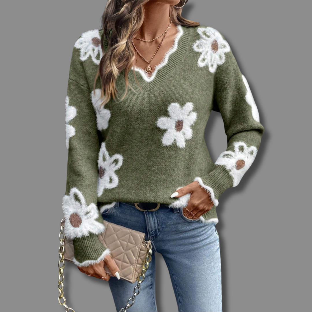 THEA | PULL FLORAL ÉLÉGANT À COL EN V
